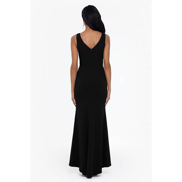 NWT Betsy & Adam Petite Black Scuba Crepe Gown, Boat Neck, Ruffle, Side Slit, 6P - Picture 3 of 3